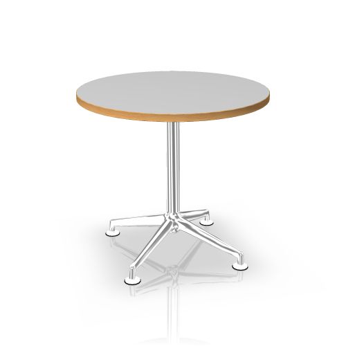 Fina Conference Tisch von Brunner: Runder Besprechungstisch mit grau-weißer Tischplatte und Chromfuß.