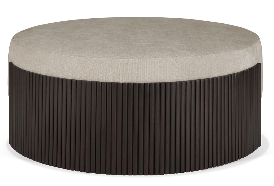 Runder Roller Max Pouf mit dunkelbraunem Mahagoni-Holz und beigem Stoffbezug.