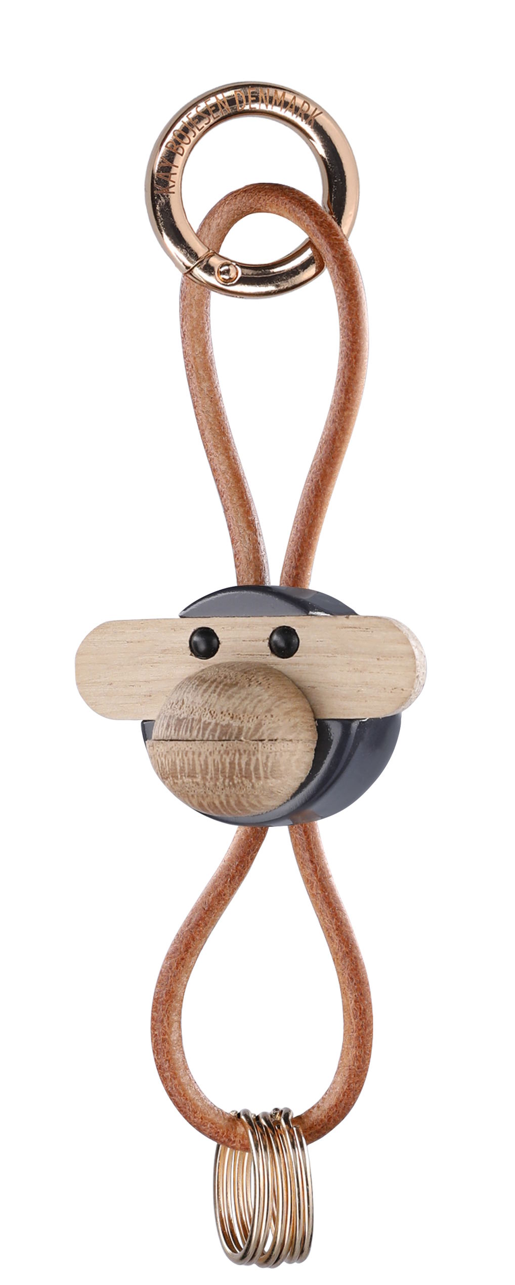 Porte-clés singe gris foncé en métal doré et cuir naturel Kay Bojesen
