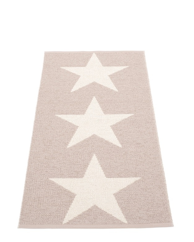 Viggo One Pappelina Kunststoffteppich in Pale Rosa, 70x150 cm, mit drei weißen Sternen.