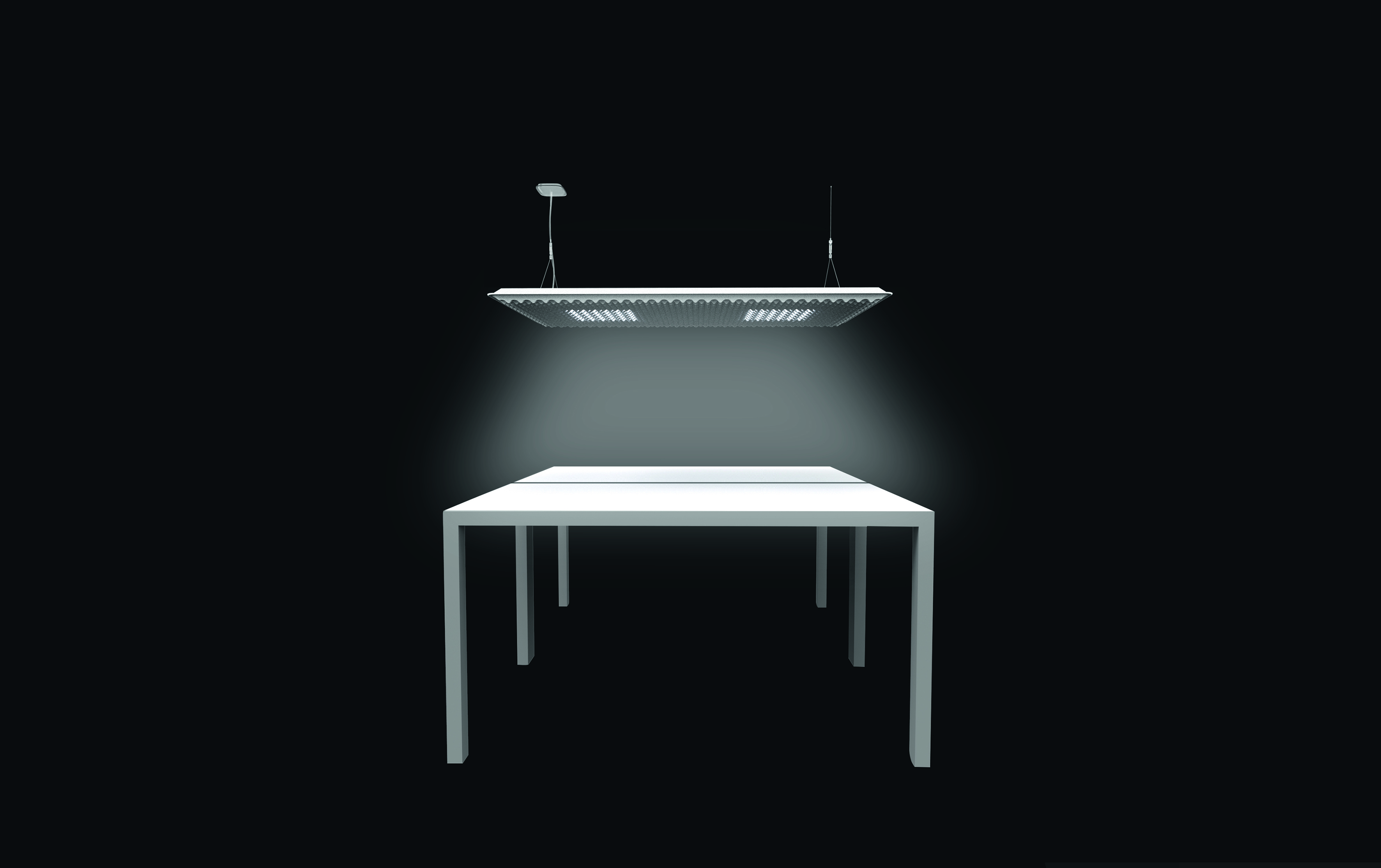 Eggboard Matrix Pendelleuchte von Artemide, weiße Büroleuchte mit Matrix-Design über einem Tisch.