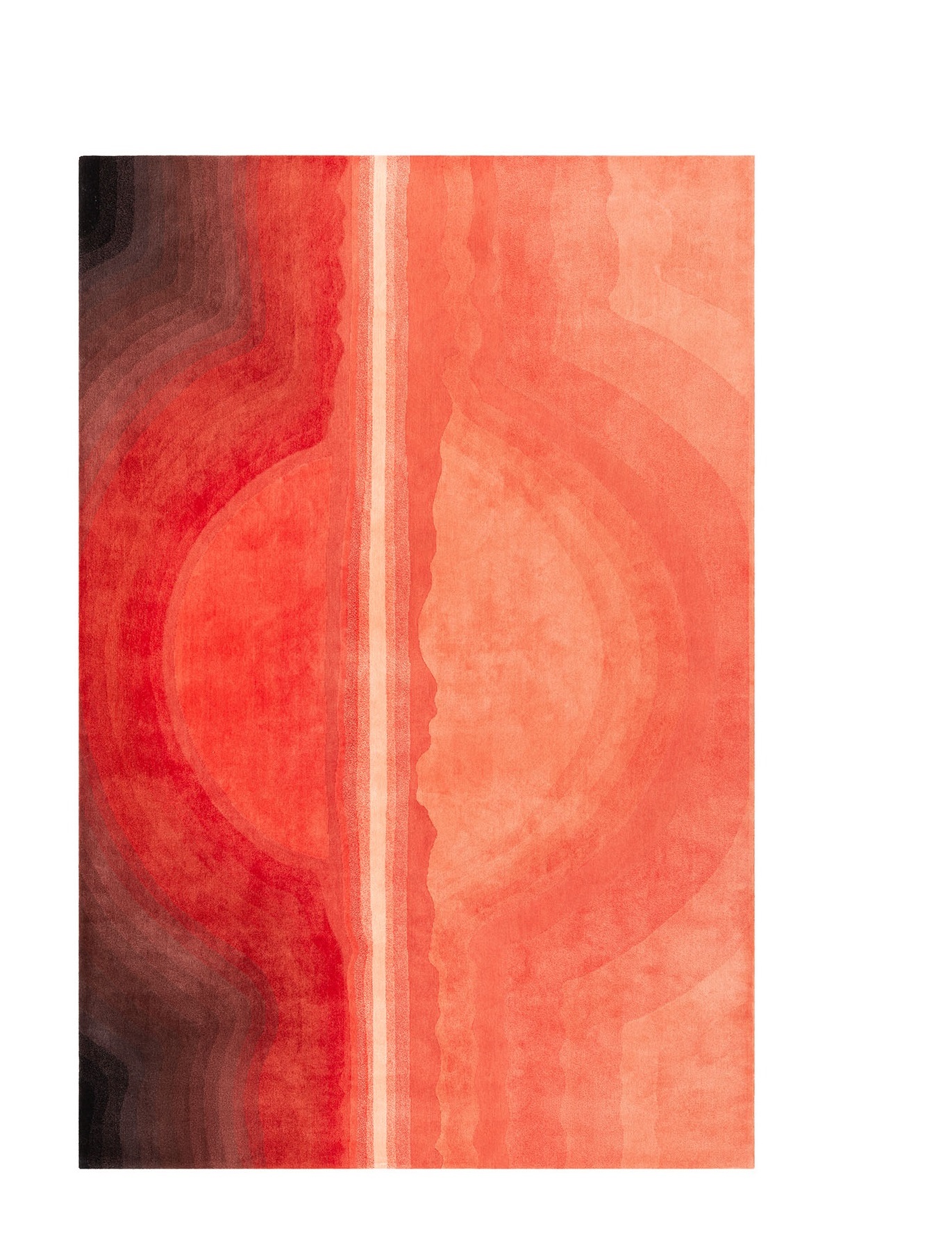 Sunset Rug Teppich Gan mit abstraktem, rotem Farbverlauf und hellem Streifen in der Mitte.