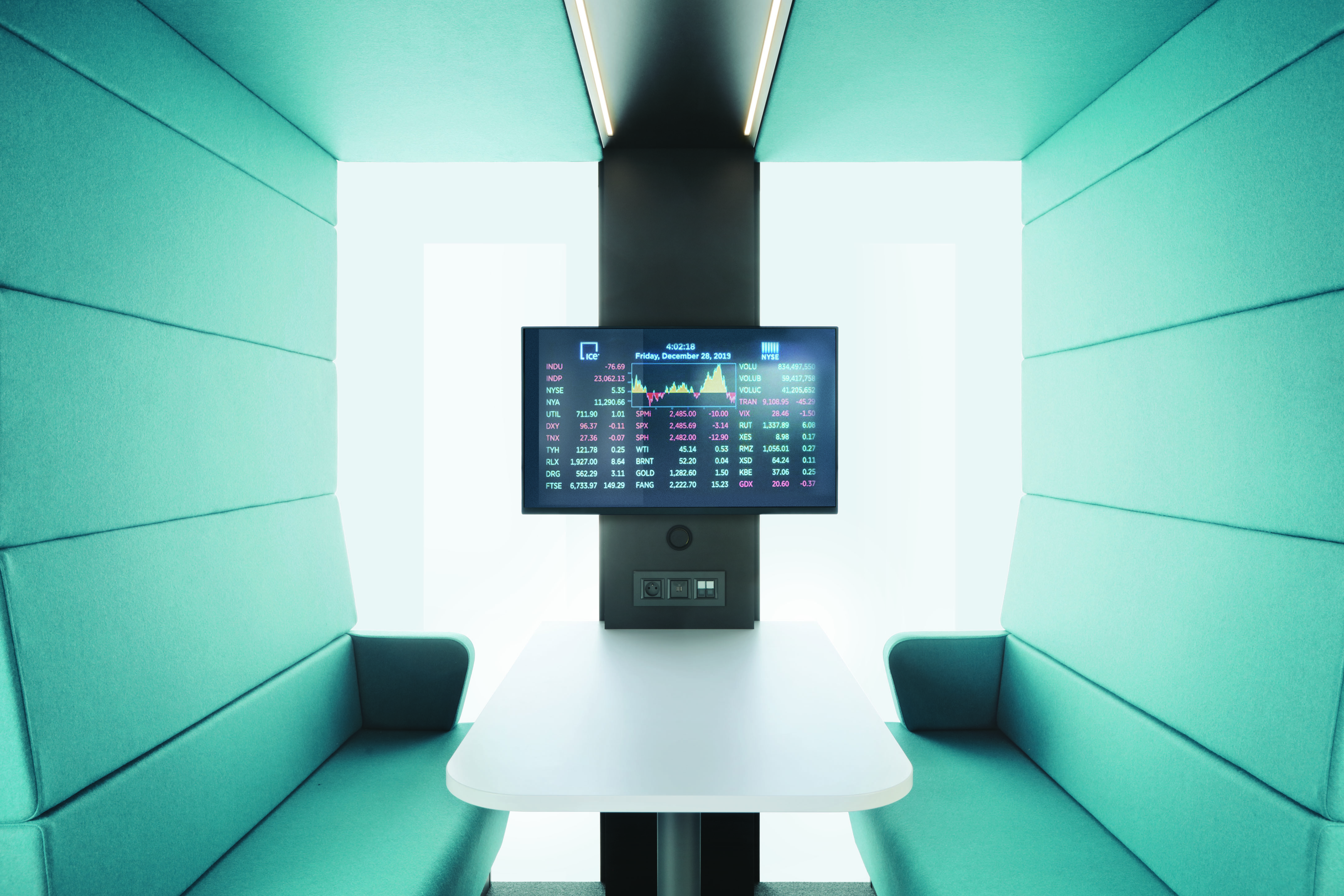 Moderne Telefonzelle für Büro: Blauer Stoff, weißer Tisch, Monitor mit Börsenkursen.