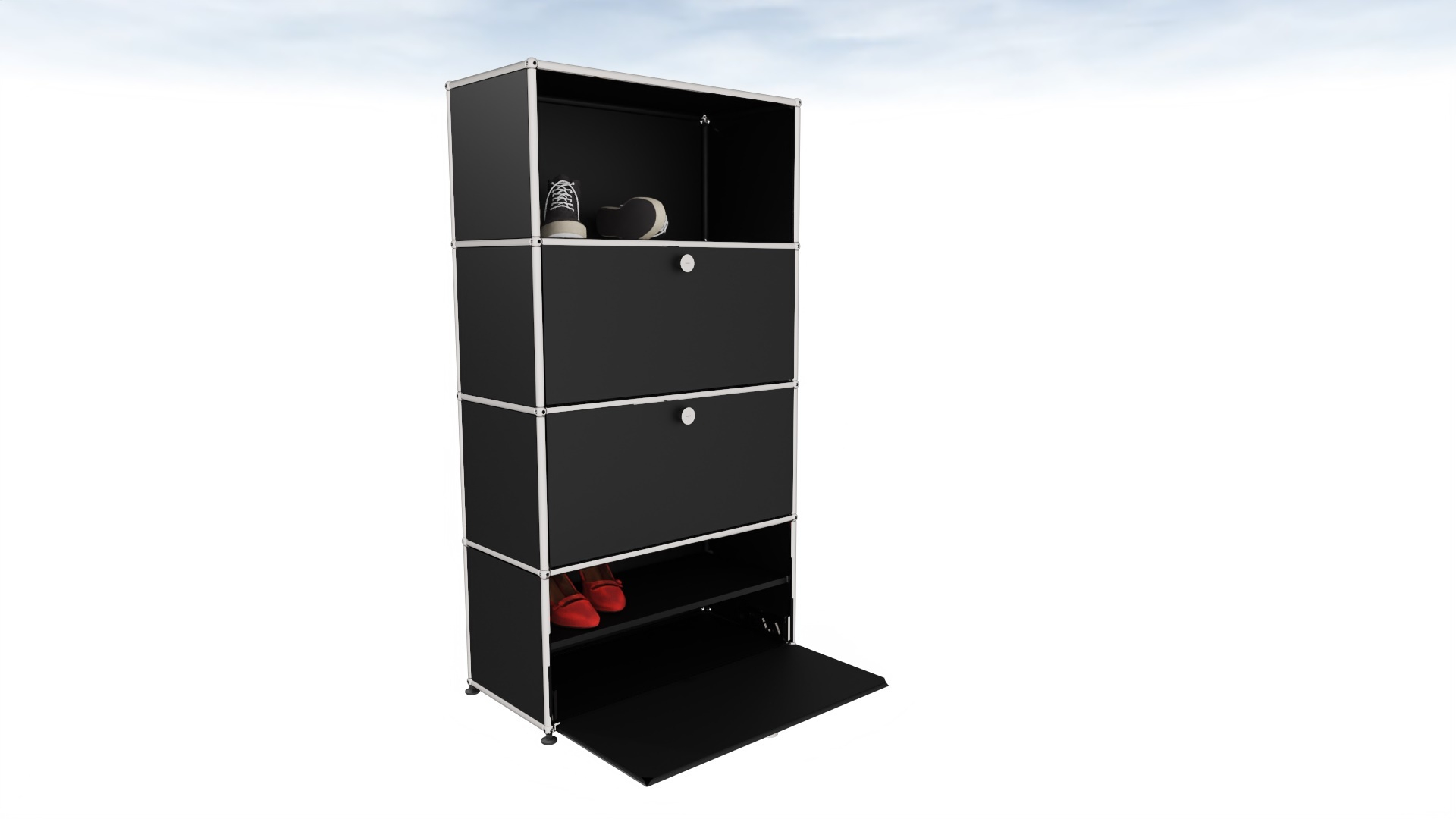 USM Haller Schuhschrank in Schwarz mit Klappe, modulare Aufbewahrung für Schuhe und Accessoires.