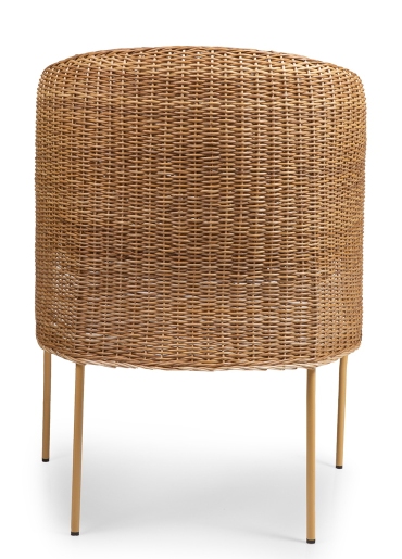 Caribe Stuhl: Outdoor Esszimmerstuhl aus Naturmaterial mit gelben Beinen, Frontansicht.