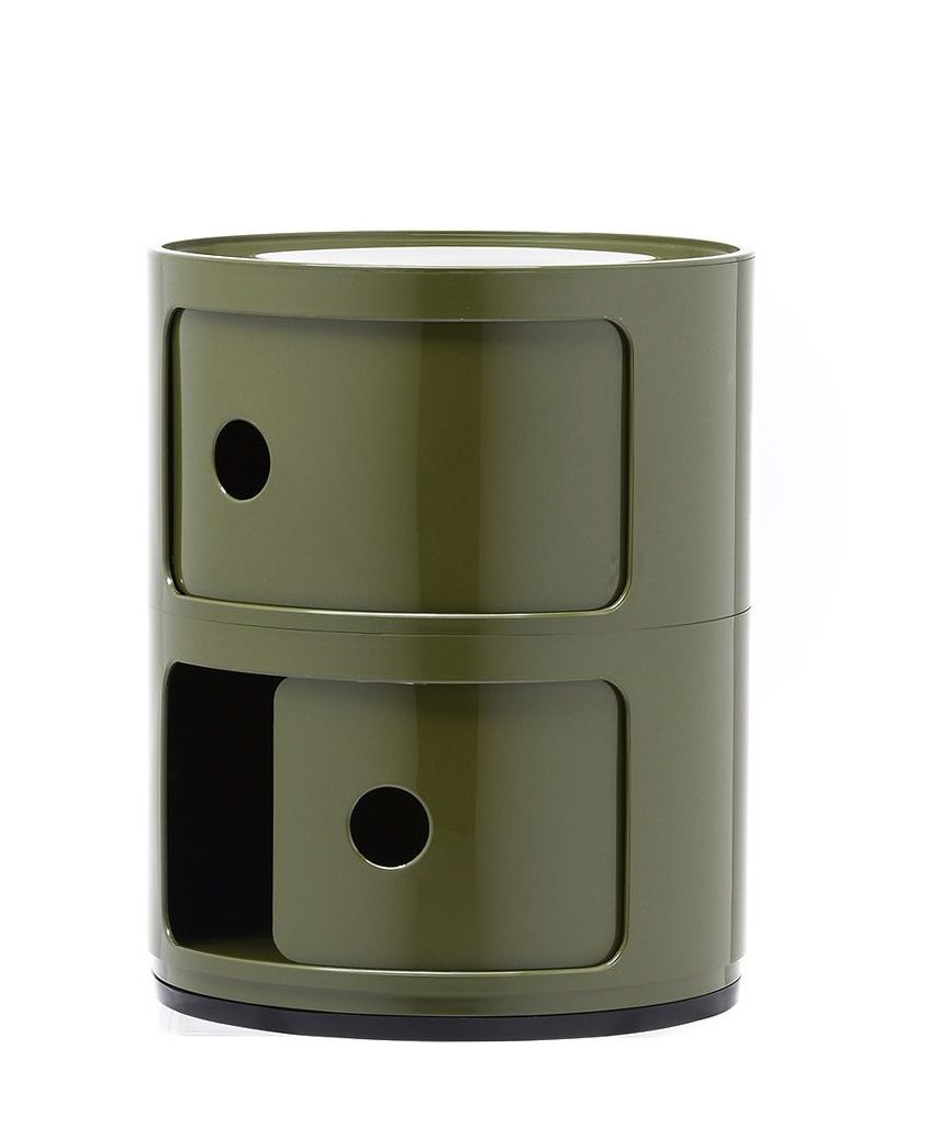 Olivgrüner Kartell Componibili 2er Container mit zwei Fächern und runden Griffen, modernes Design für Wohnzimmer und Büro.