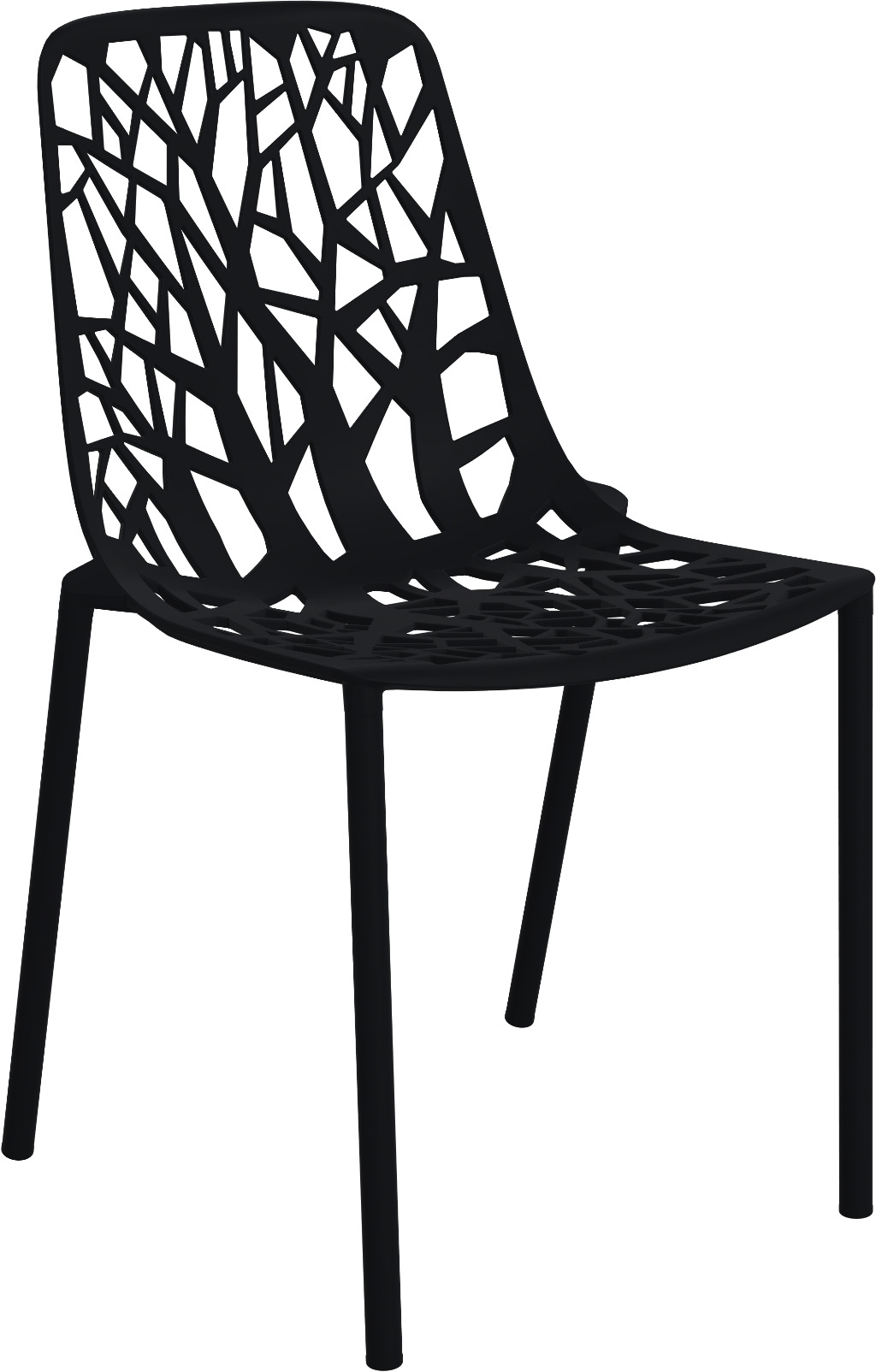 Schwarzer Forest Stuhl mit Baumdesign für Outdoor und Garten, moderner Designstuhl mit vier Beinen.