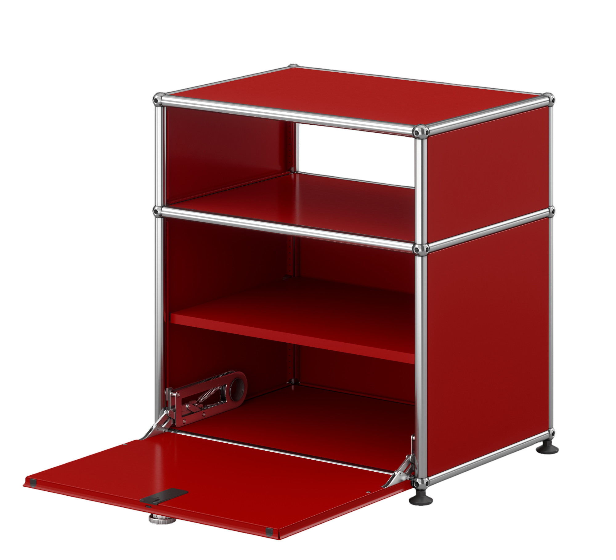 USM Haller Table de nuit avec Porte rabattable Rouge USM Haller Nachttisch in Rubinrot mit offener Klapptür, modulare Möbel für Schlafzimmer.
