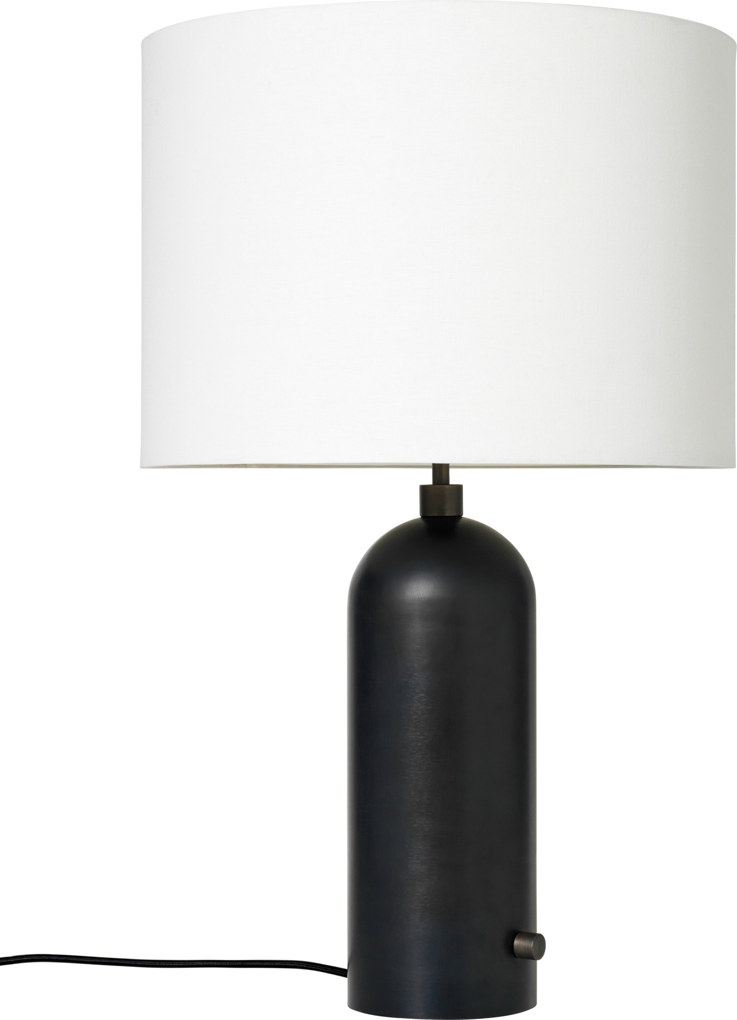 Gravity Tischleuchte: Große, schwarze Lampe mit weißem Lampenschirm für stilvolle Beleuchtung.