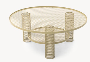 Perlweißer Net Beistelltisch von Moroso: Runder Metalltisch mit Netzstruktur und zylindrischen Beinen. Moderner Design Beistelltisch.