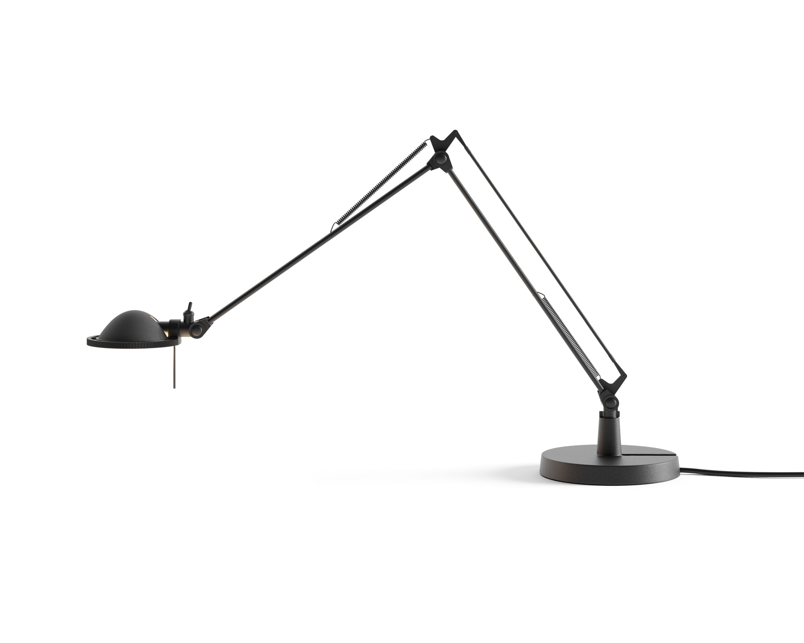 Schwarze D12/5 Berenice Schreibtischleuchte von Luceplan mit verstellbarem Arm und Metallreflektor. Designlampe für Büro und Zuhause.
