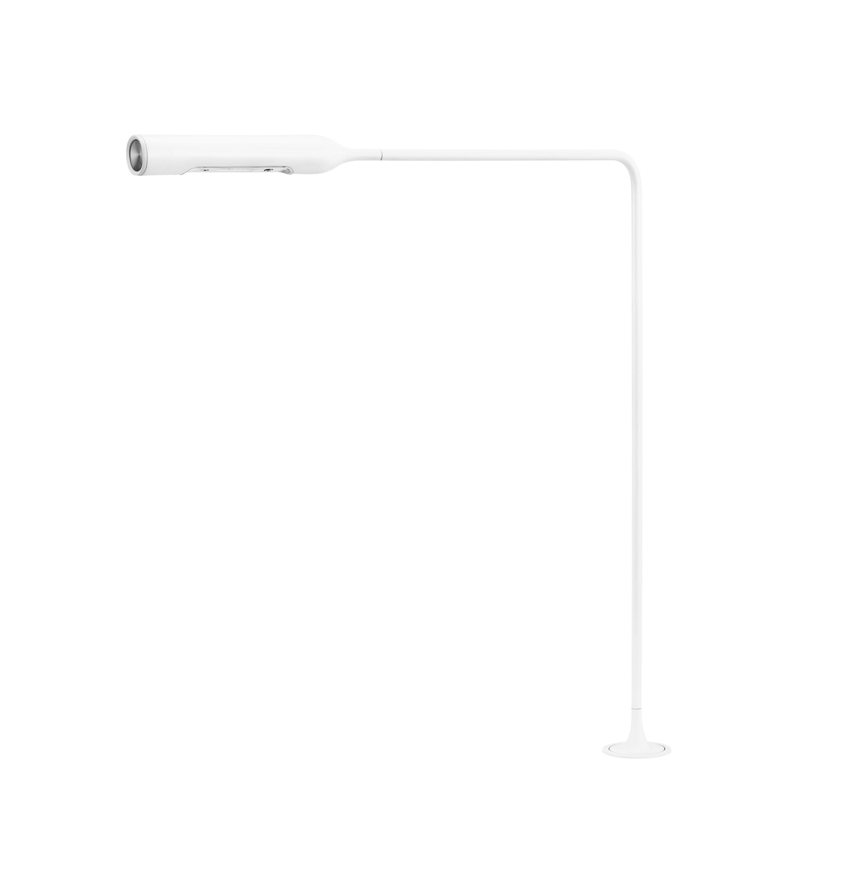 Flo Grommet F20 blanc mat 3000K Lumina Bild einer minimalistischen, mattweißen Flo Grommet LED-Stehleuchte mit warmweißem Licht.