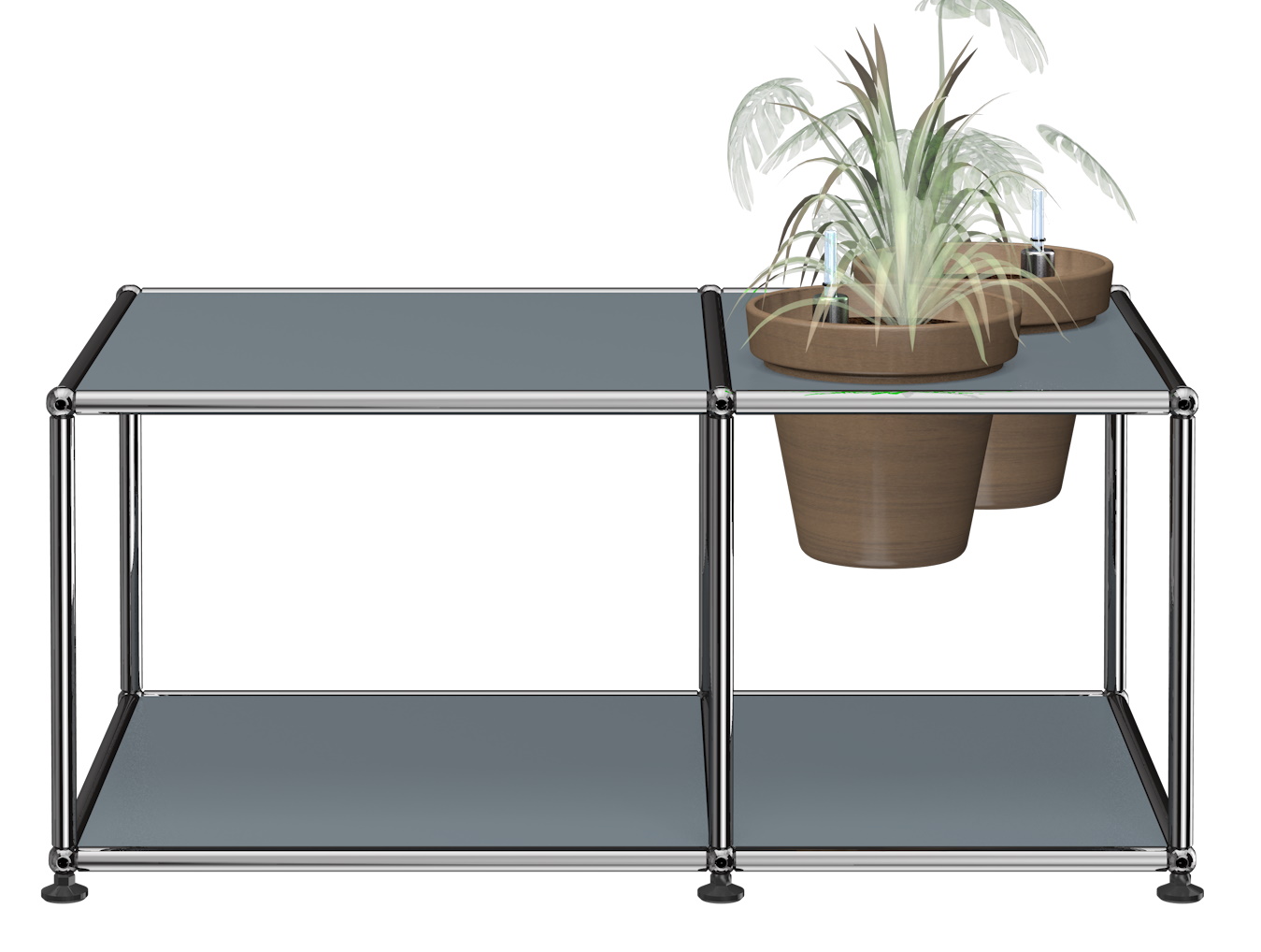 Pflanzenwelten Beistelltisch USM Haller in Mittelgrau mit zwei Pflanzen in Töpfen.