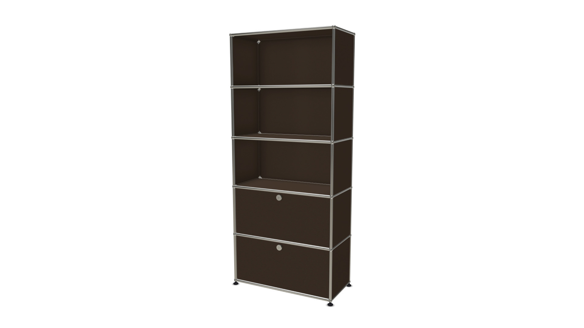 USM Haller Regal in Braun mit zwei Klappen, modulare Möbel für Wohnzimmer und Büro.