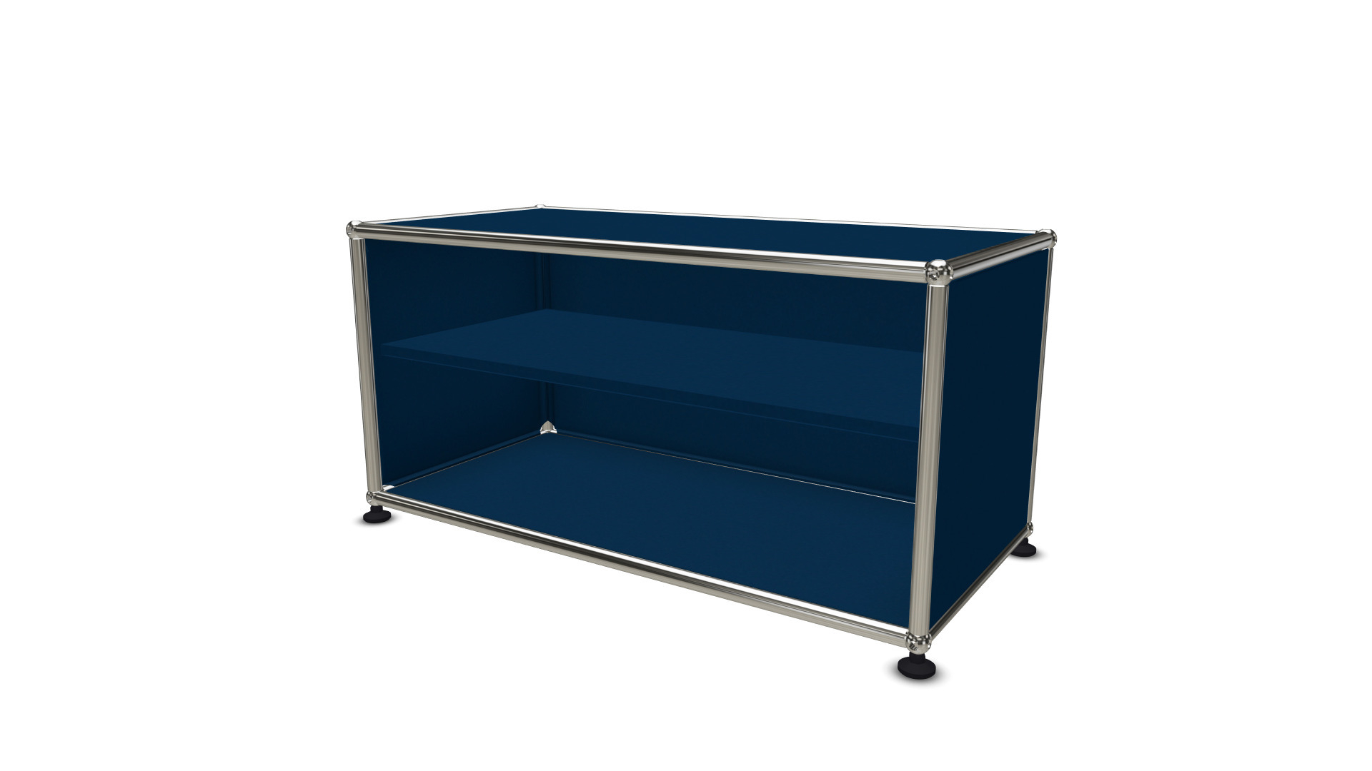 USM Haller Regal mit zwei stahlblauen Fächern und verchromtem Gestell, modernes Designmöbel.