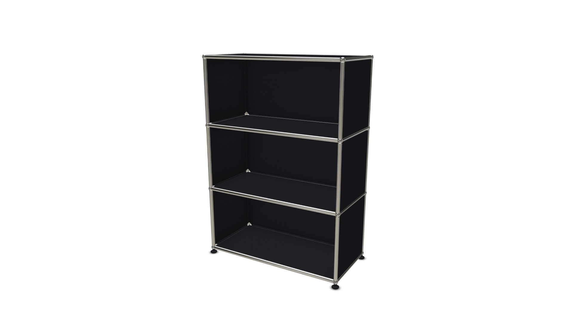 Schwarzes USM Haller Highboard mit drei offenen Fächern und verchromtem Gestell für modernes Wohnen.