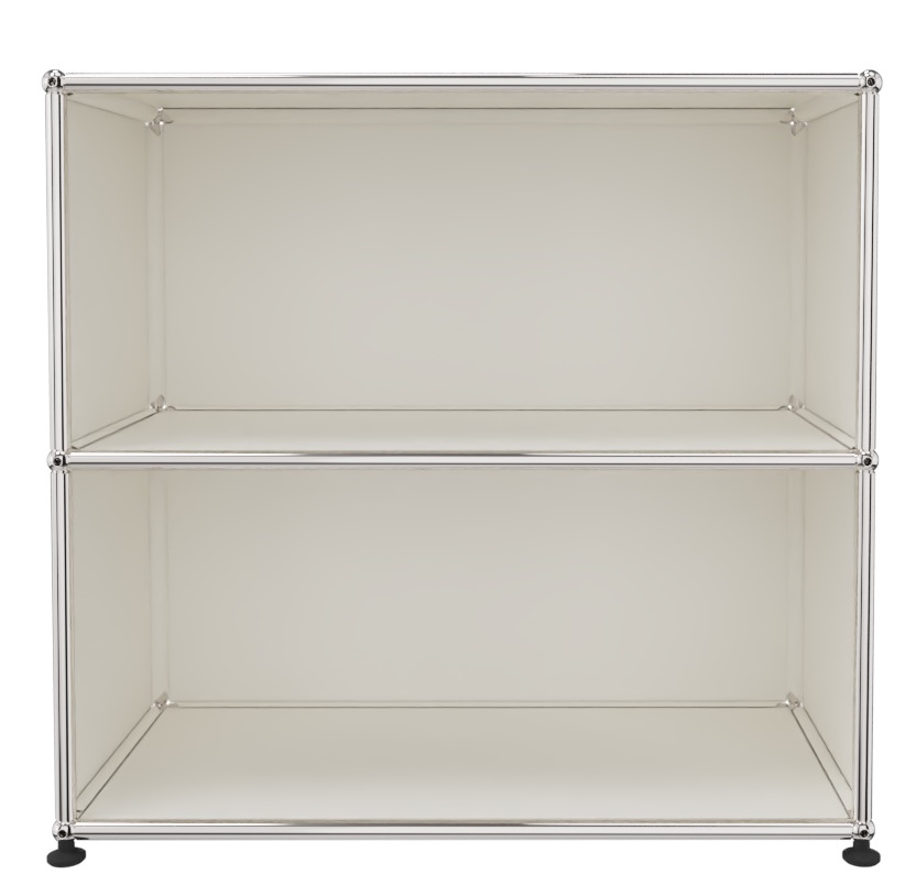 USM Haller Regal in Reinweiß mit zwei offenen Fächern, modernes modulares Möbeldesign.
