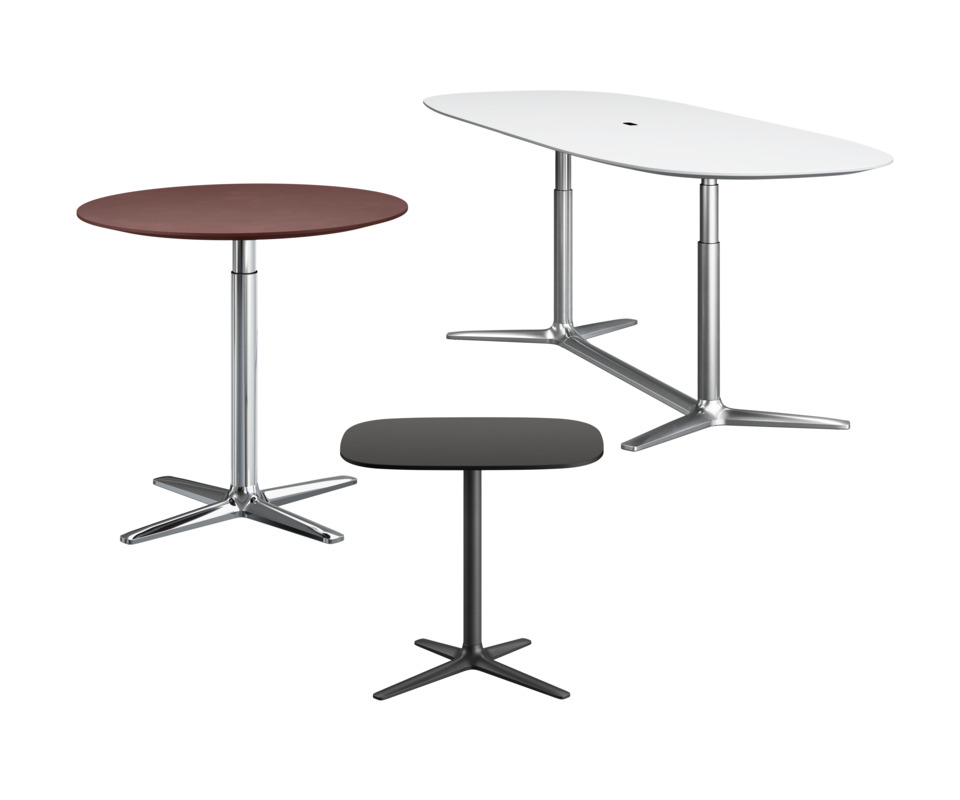 Drei Brunner Lift Stehtische mit Mittelsäule in verschiedenen Formen und Farben, höhenverstellbar.