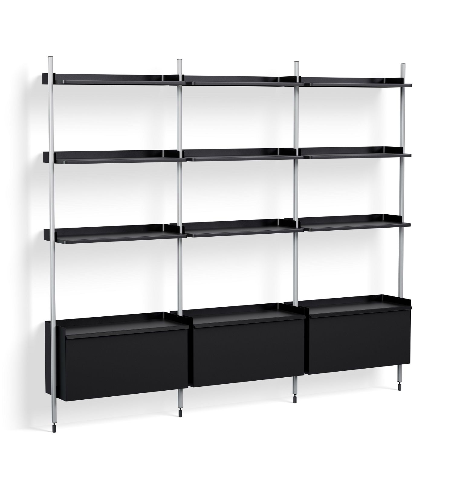 Schwarzes Hay Pier System Regal mit drei Säulen und Aluminiumrahmen für moderne Wohnräume.