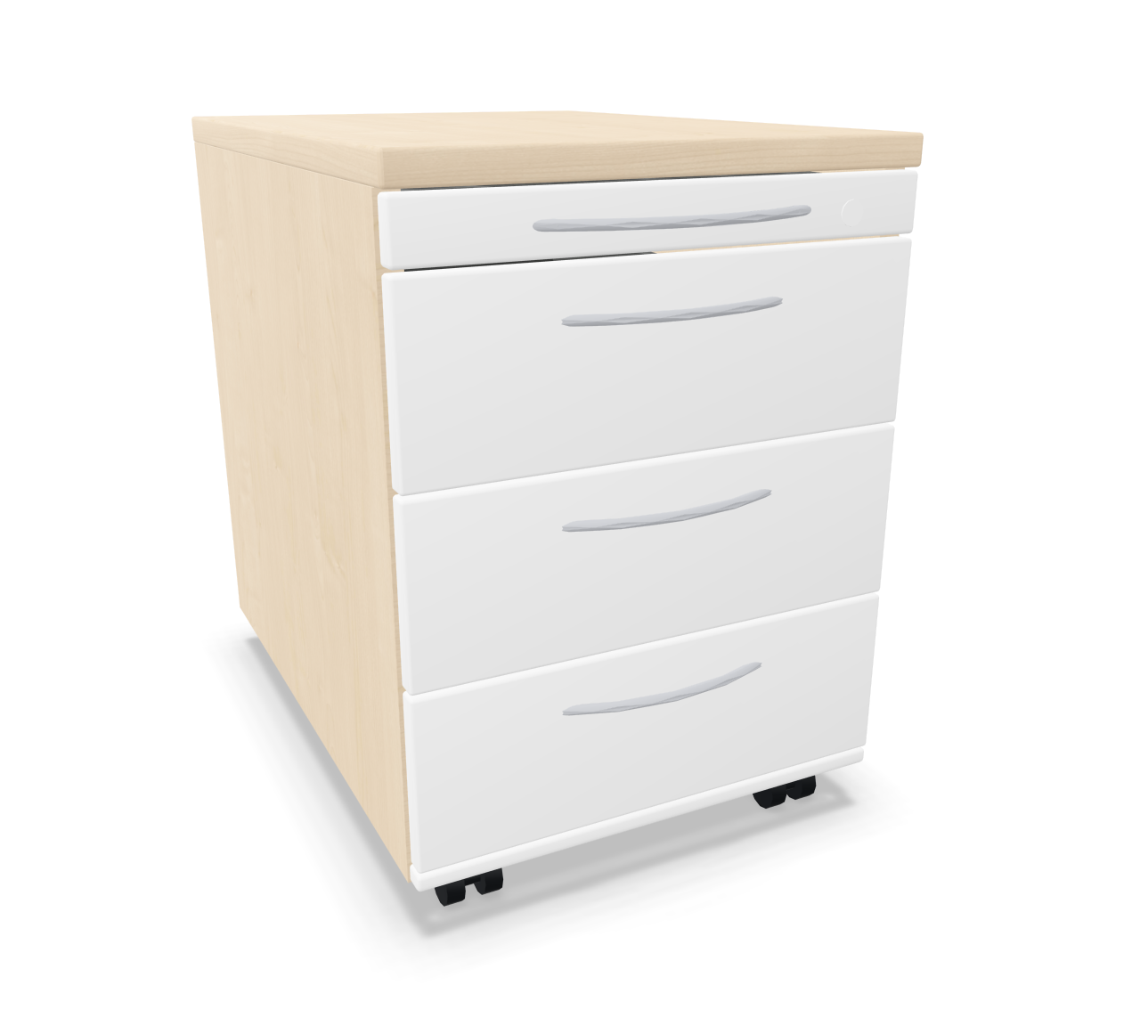 Rollcontainer von König+Neurath mit drei weißen Schubladen und hellem Holzdekor, ideal für Büro.