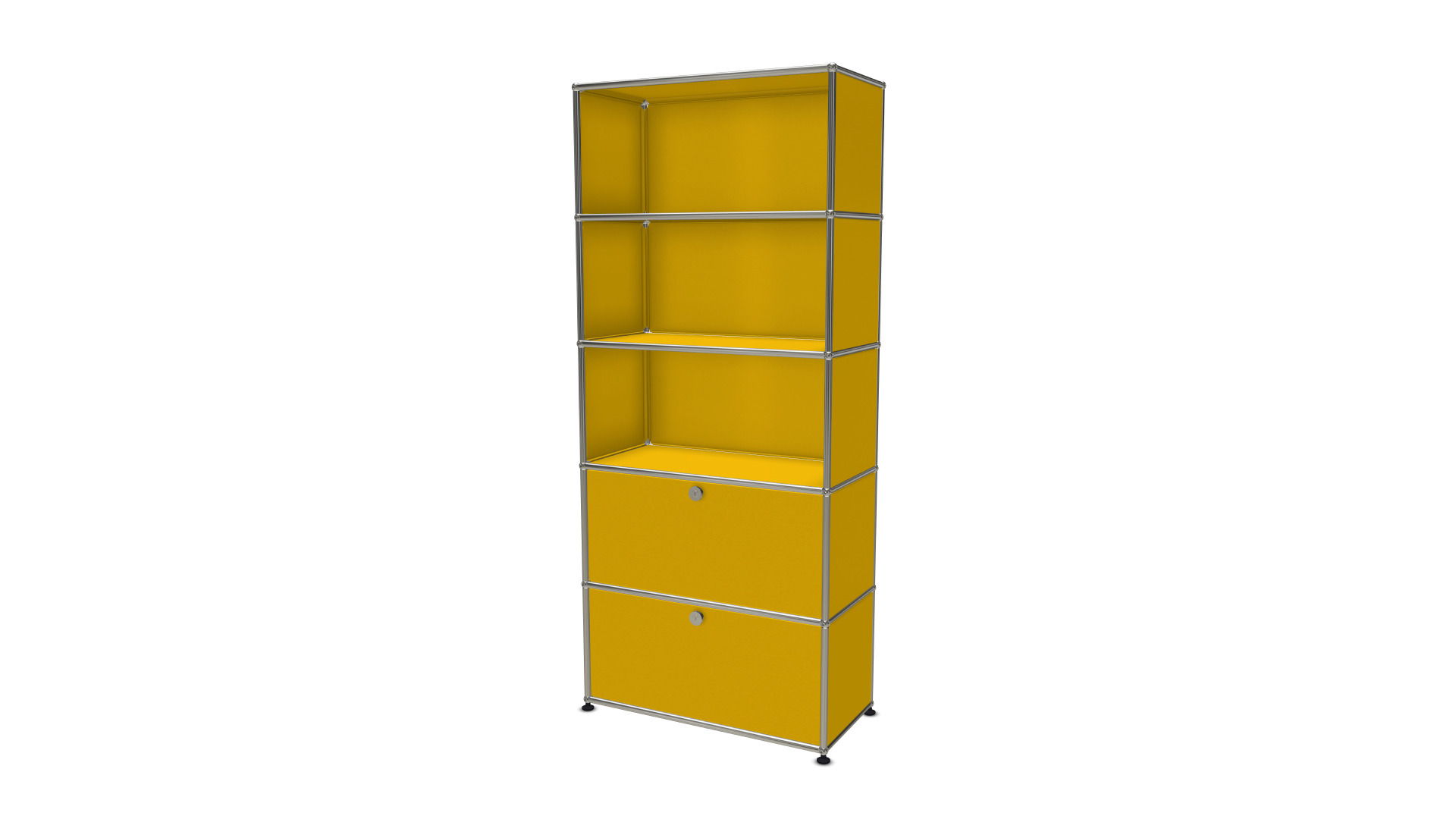 Gelbes USM Haller Regal mit zwei Klappen und drei offenen Fächern, modernes modulares Design.