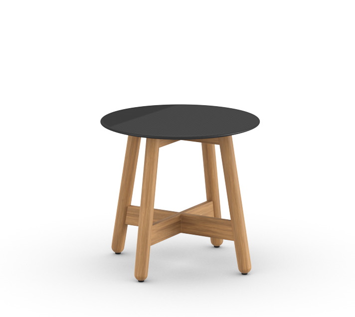 Dedon Mbrace Beistelltisch: Runder Tisch mit schwarzer Platte und hellem Holzgestell für den Außenbereich.