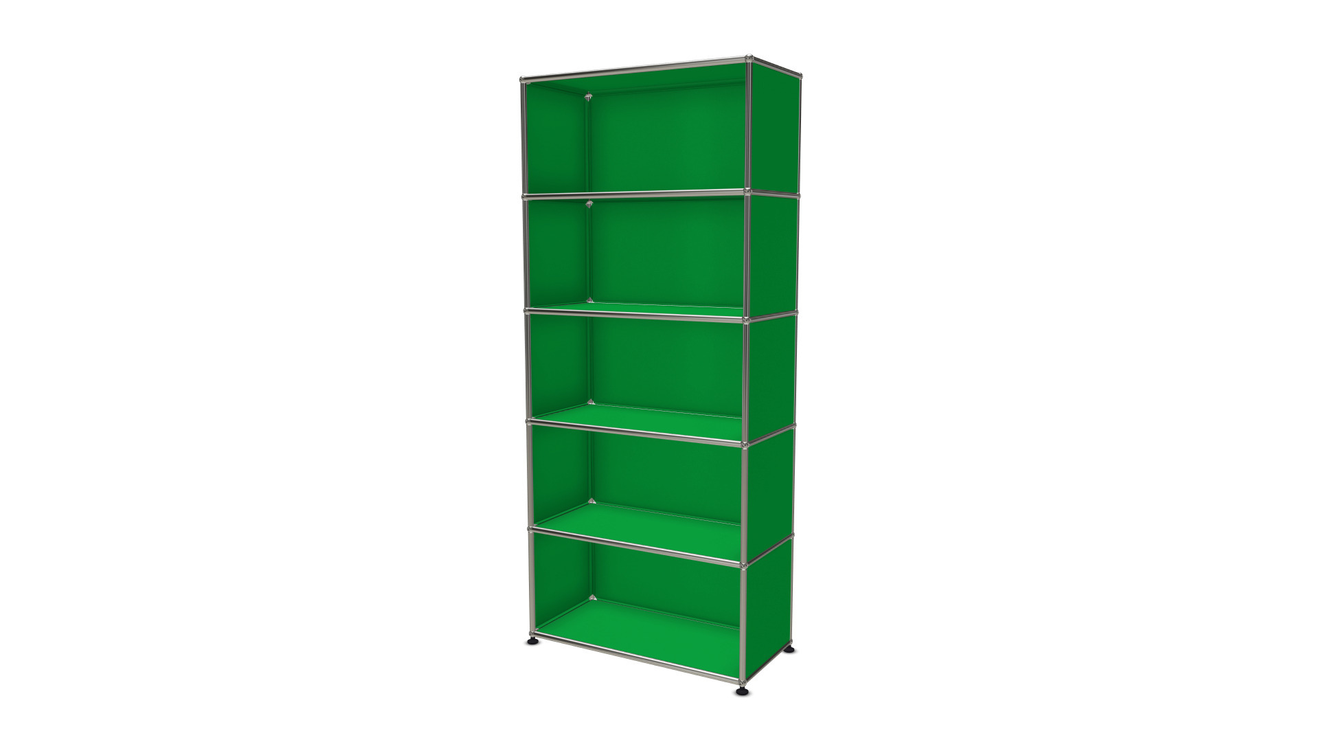 Freistehendes, modulares USM Haller Regal in Grün mit fünf offenen Fächern für Wohnzimmer oder Büro.