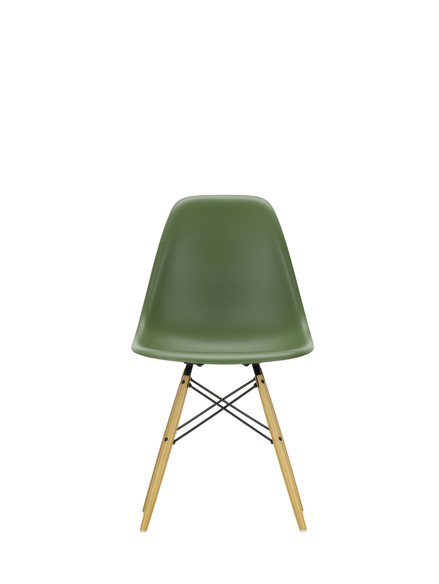 Eames Plastic Side Chair in Meerblau mit Ahorn-Gestell von Vitra, Ansicht von vorne.
