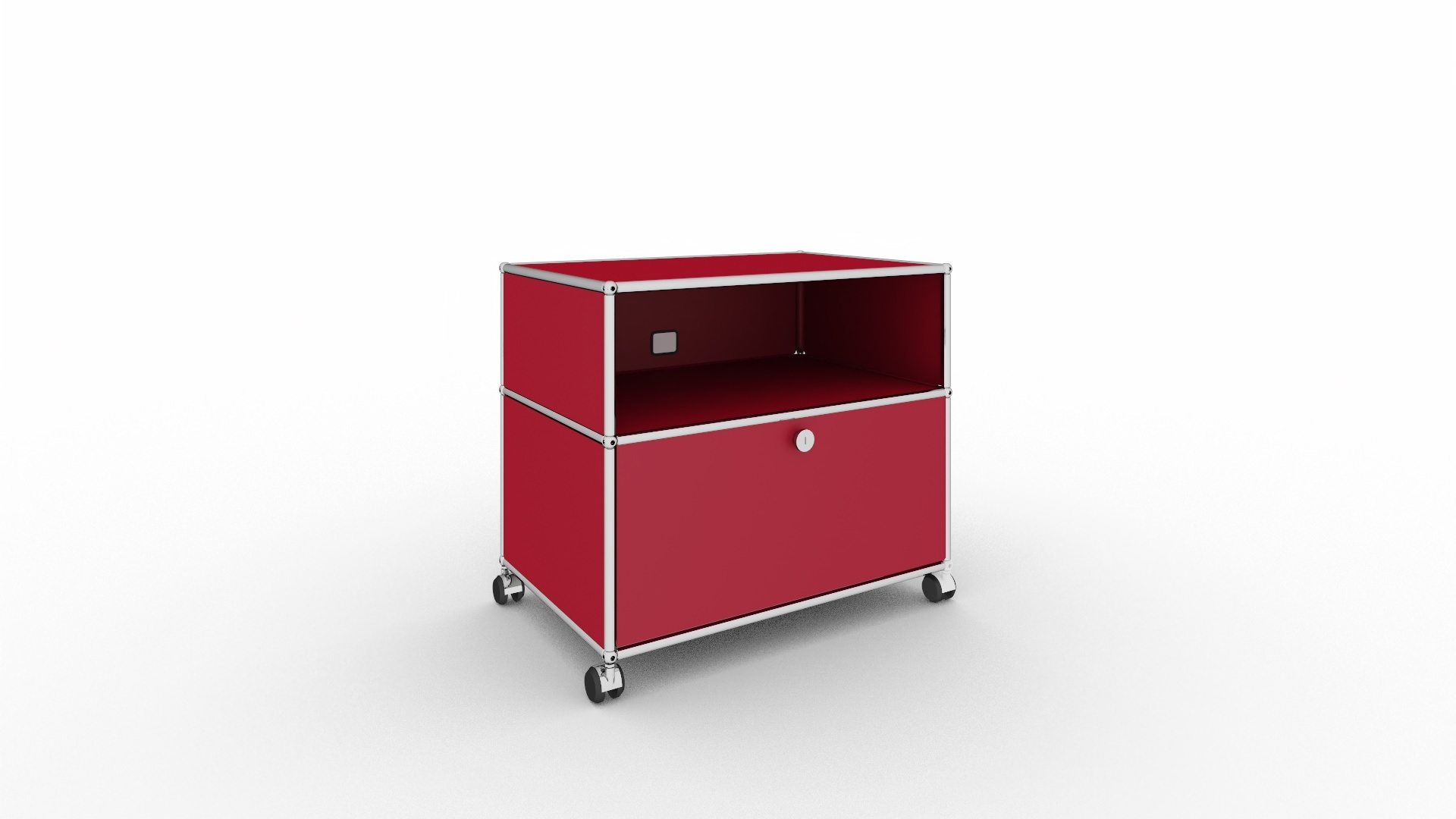 Rotes USM Haller TV Möbel auf Rollen mit offenem Fach und Schublade.