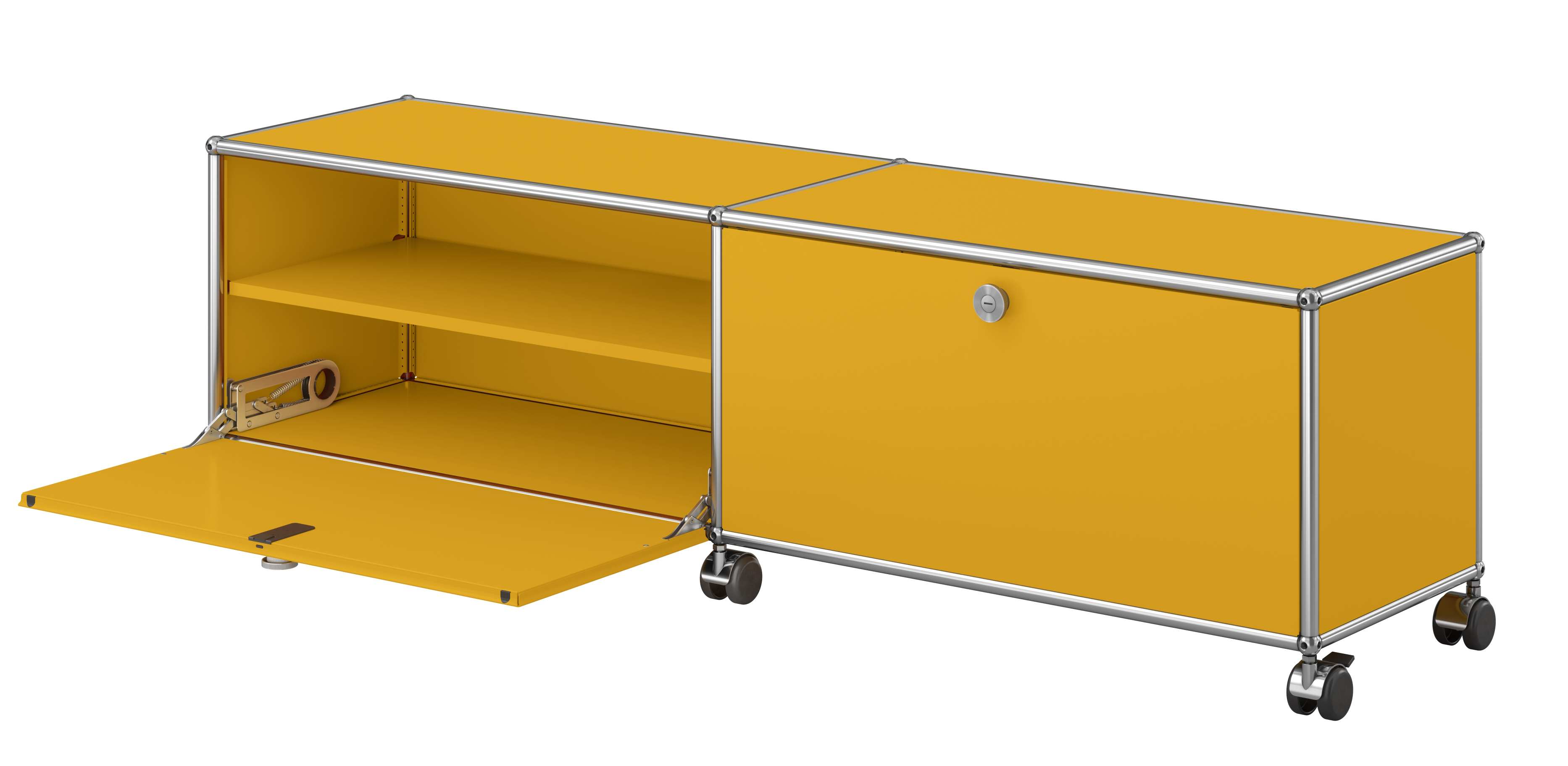 USM Haller Lowboard sur roulettes avec 2 portes pliantes Jaune gold USM Haller Lowboard sur roulettes avec 2 portes pliantes Jaune gold