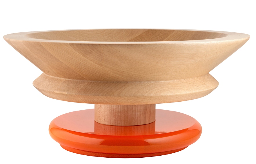 Alessi ES15 Schale: Holzschale mit orangefarbenem Sockel, moderne Obstschale für Küche und Tisch.