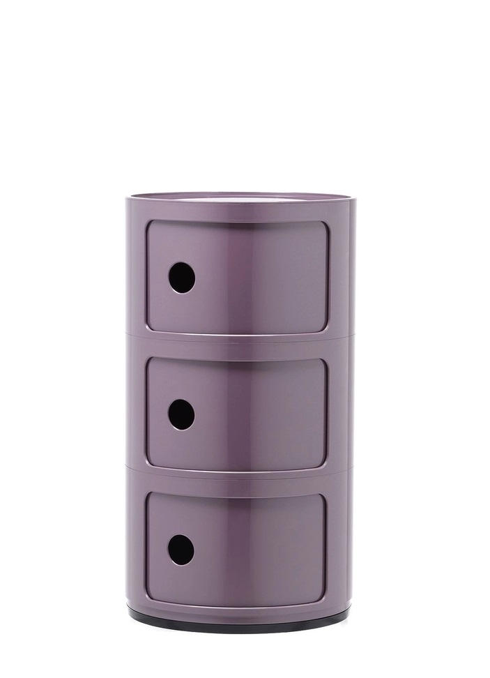 Violettes Componibili 3er Element von Kartell: Moderner, runder Aufbewahrungsturm mit drei Fächern und charakteristischen Griffloch.