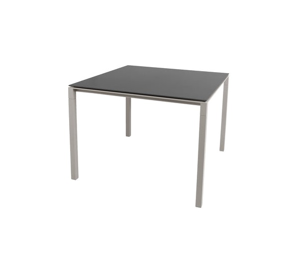 Quadratischer Pure Outdoor Esstisch mit schwarzer Tischplatte und taupefarbenem Gestell. Moderner Gartentisch für Terrasse und Balkon.