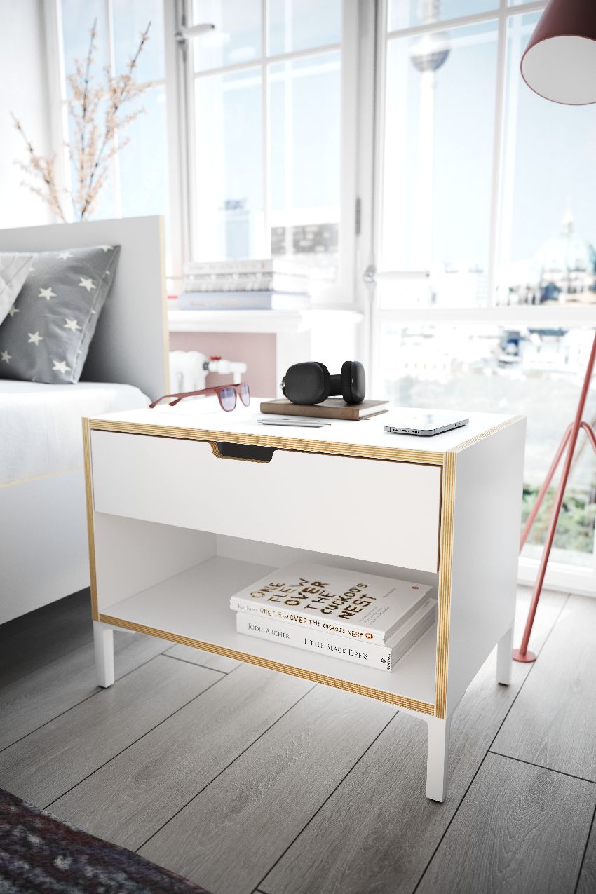 Modular table de nuit KORPUS BLANC, CHANTIER DE BIRCO, FRONCE BLANC VERNI SUR PIEDS Müller Möbelwerkstätten OFFRE SECIALE