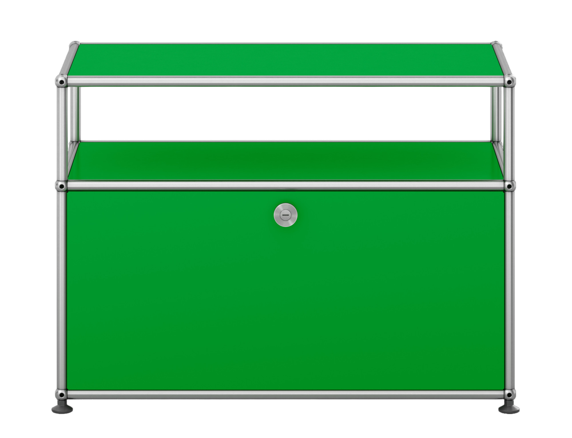 USM Haller Beistellmöbel in Grün mit einer Klappe und verchromtem Gestell, modernes Design.