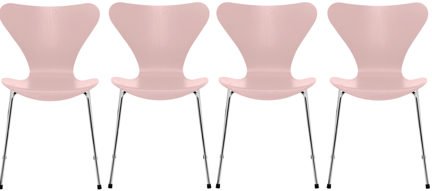 Vier Siebener Stühle von Fritz Hansen, Modell 3107, Esche, in zartem Rosa.