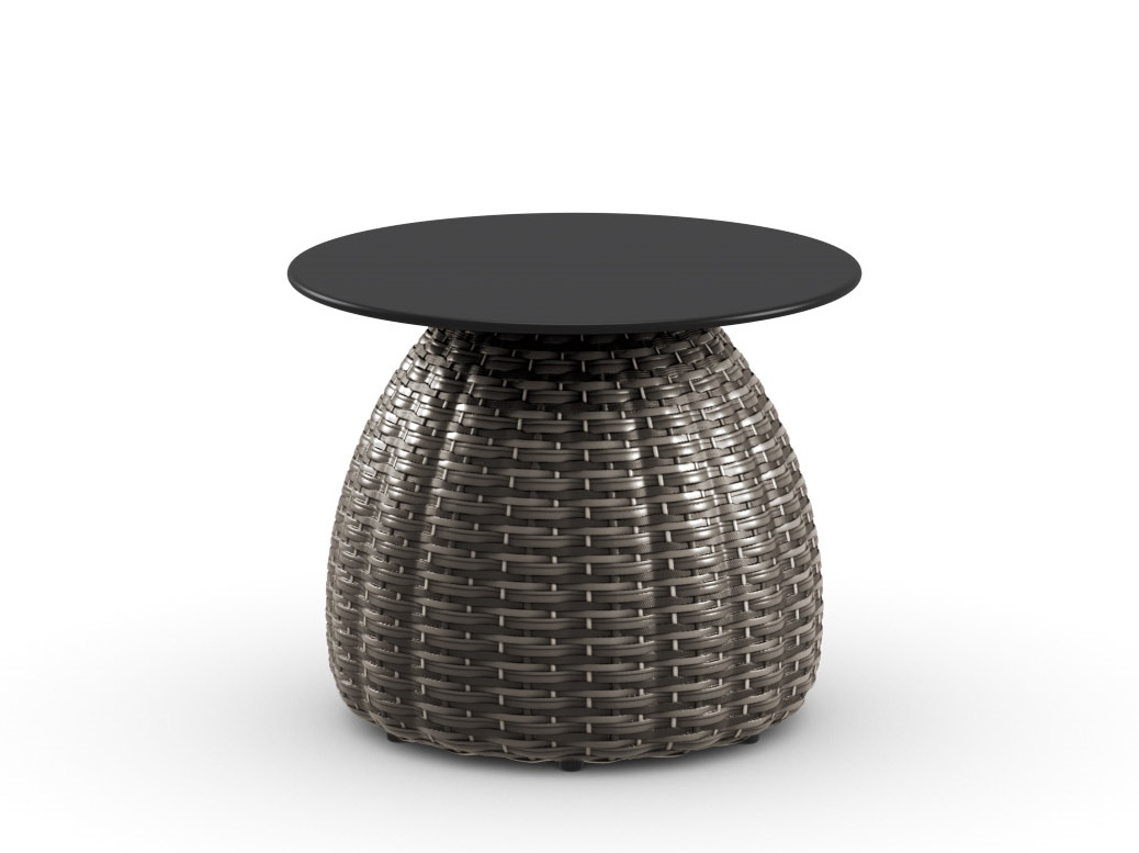 Porcini Table d'appoint Ø51cm Dedon Dedon Porcini Beistelltisch mit runder, schwarzer Tischplatte und geflochtenem Sockel aus wetterfestem Material.