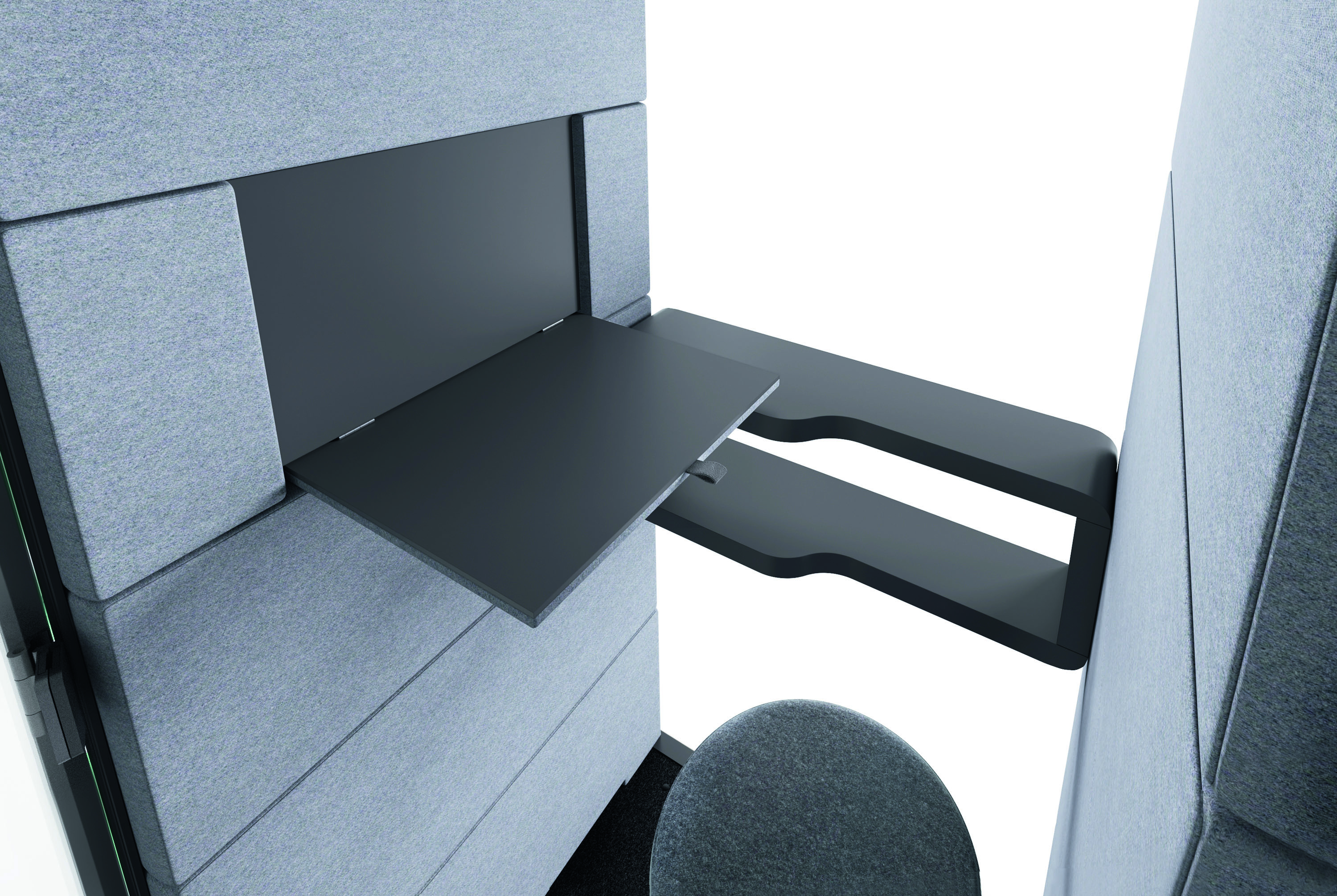 Graue Akustikkabine mit ausklappbarem Schreibtisch und Ablagefläche für Büro, Konzentration und Telefonate.