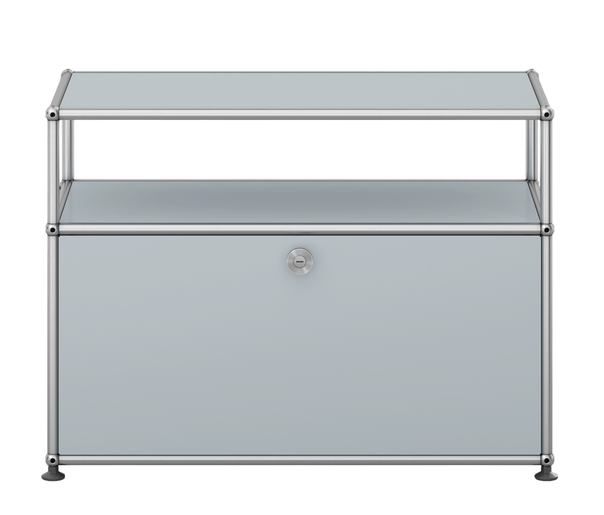 USM Haller Beistellmöbel mit Klappe in Hellgrau, modernes Design für Wohnzimmer und Büro.