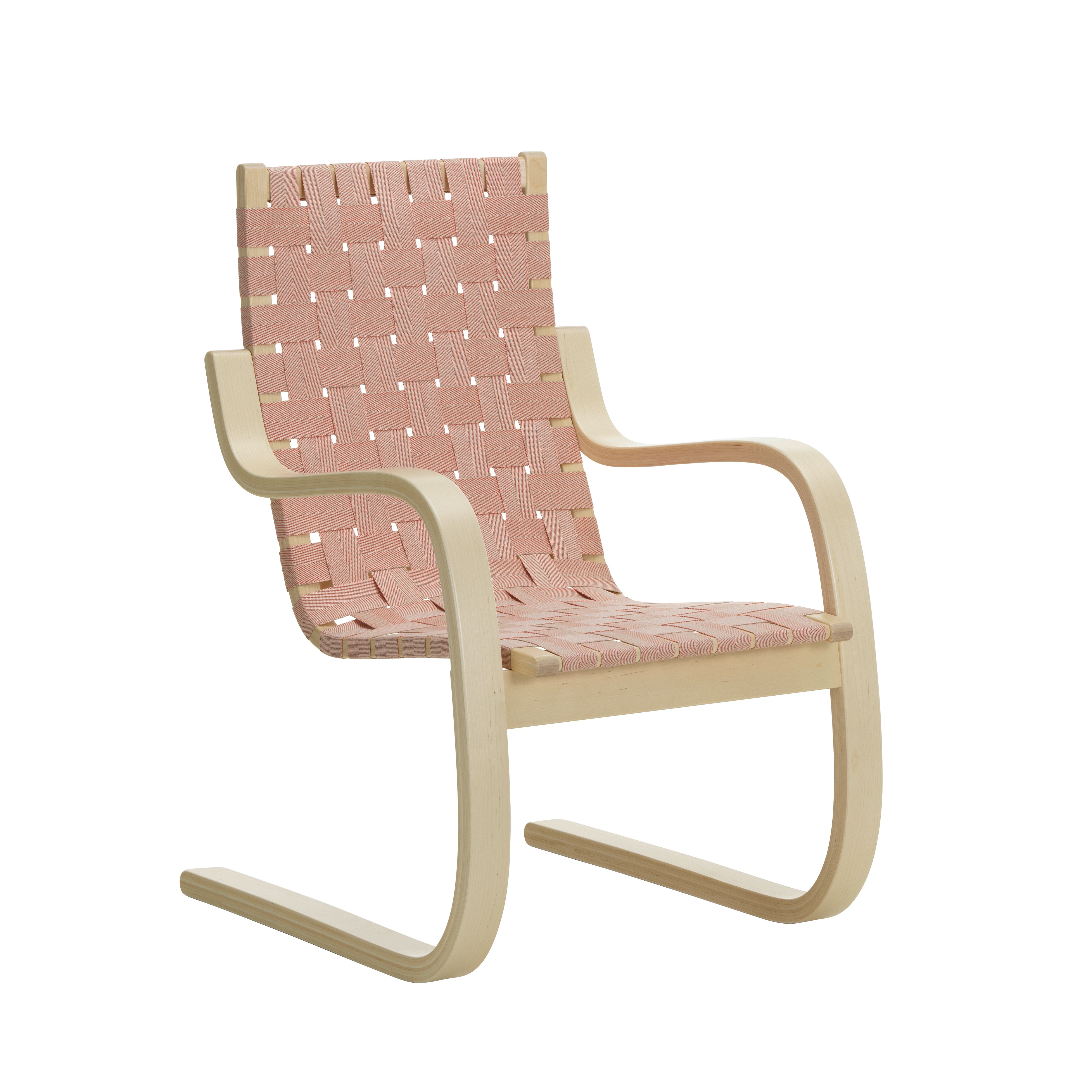 Armchair 406 Sessel von Artek mit hellem Holzrahmen und rosa Textilbespannung. Designklassiker.