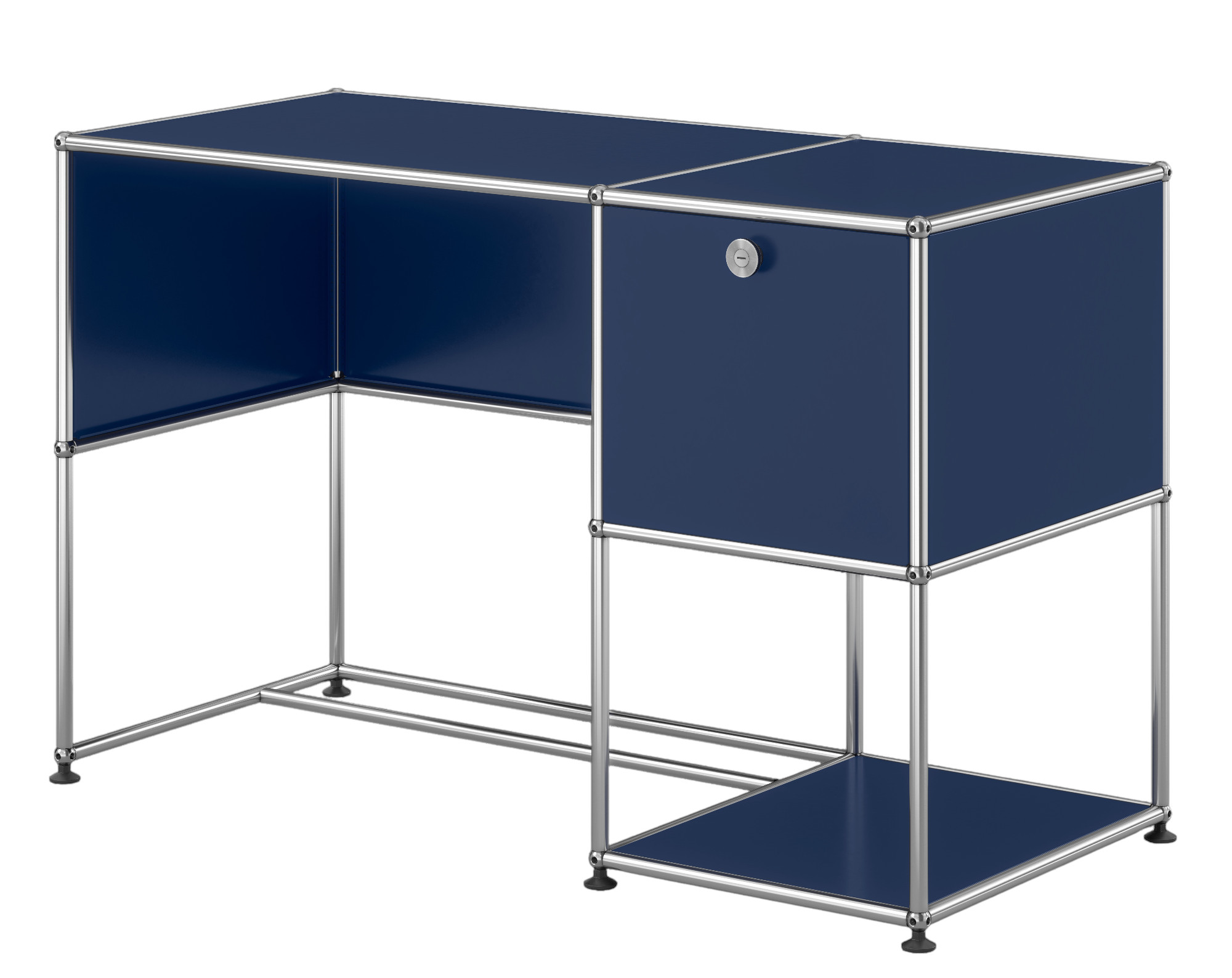 USM Haller Bureau Bleu acier QUICK SHIP USM Haller Schreibtisch in Stahlblau mit einem Schubladenelement und verchromtem Gestell.