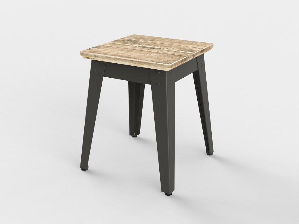 6Grad Outdoorhocker Jan Cray mit grauen Metallbeinen und Sitzfläche aus hellem Bauholz.
