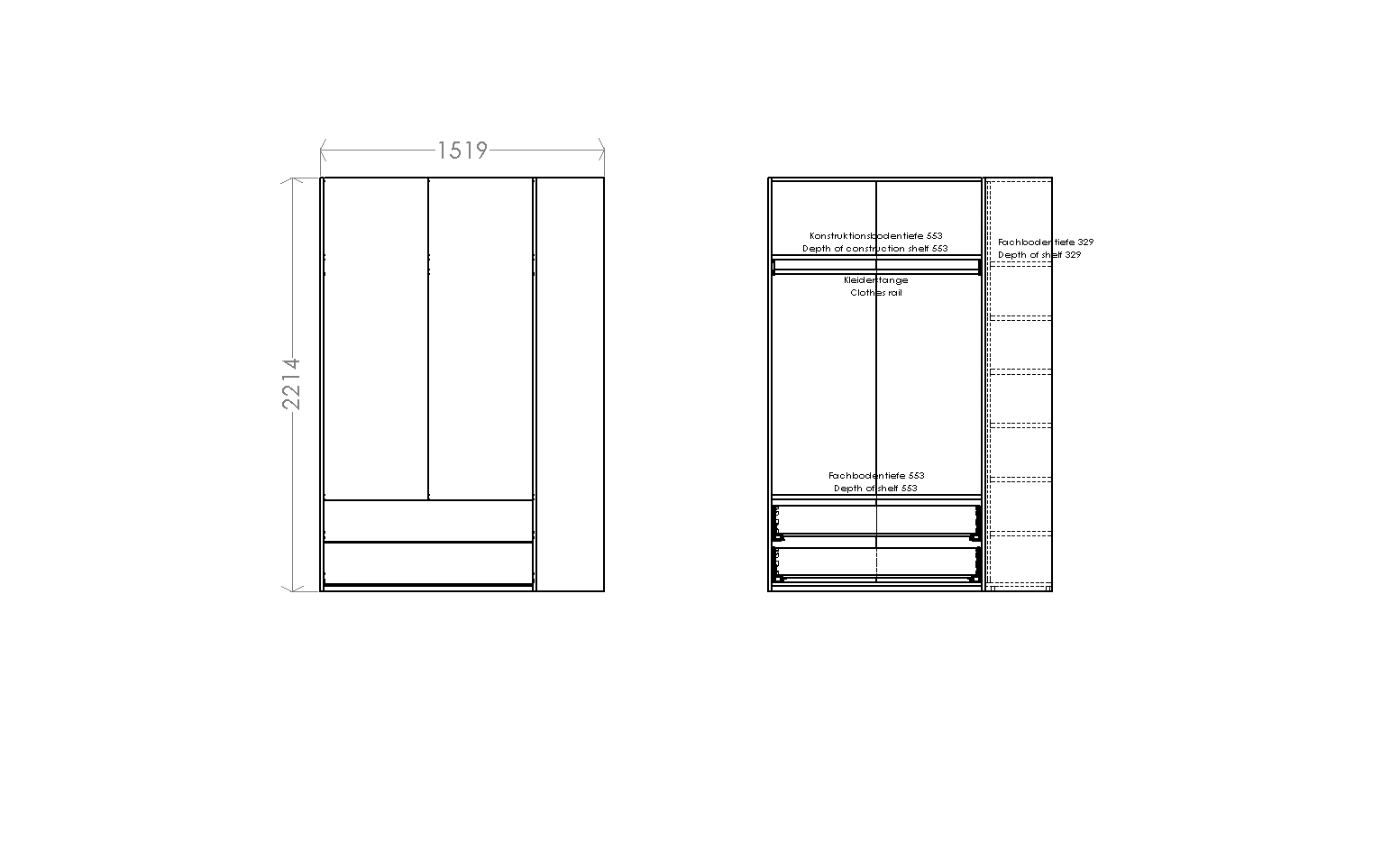 MODULAR PLUS Armoire combinée avec étagère annexe à droite L 151,9 cm Müller Möbelwerkstätten