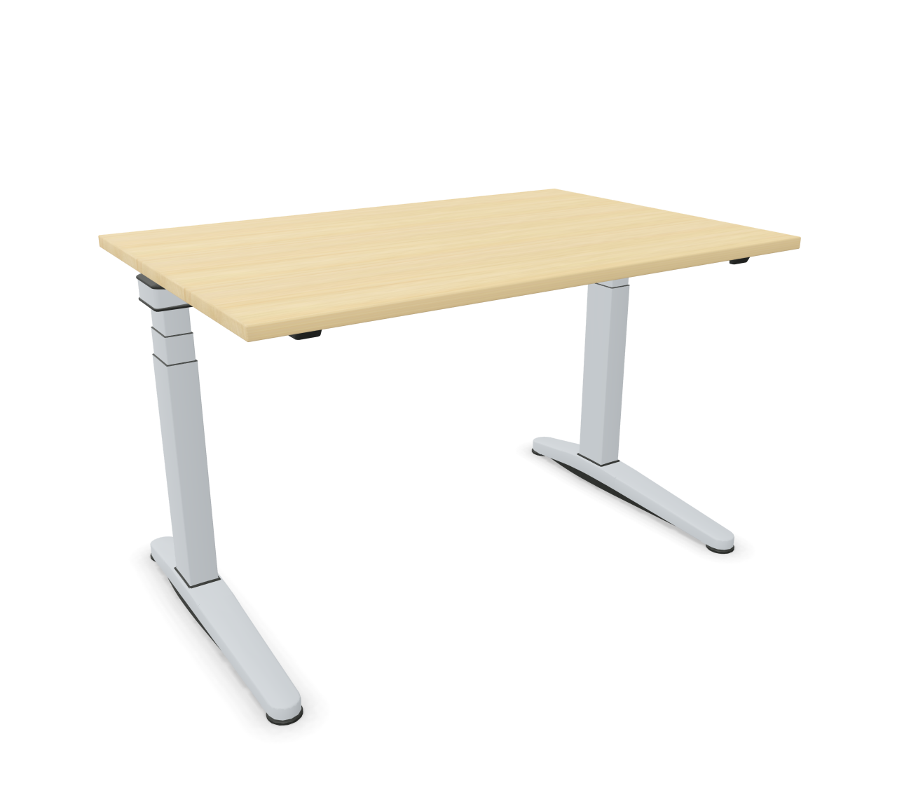 Ology Sitz-Steh-Tisch von Steelcase mit heller Holzplatte und weißem Gestell. Höhenverstellbarer Schreibtisch.