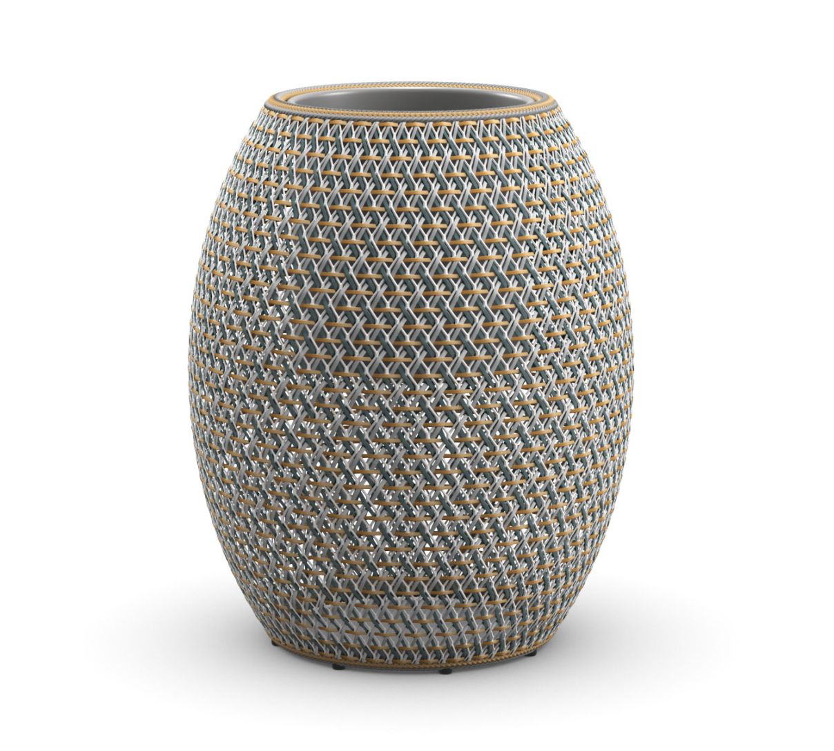 Dala Übertopf, groß, aus grau-braunem Outdoor-Geflecht, moderner Pflanztopf für Garten und Terrasse.