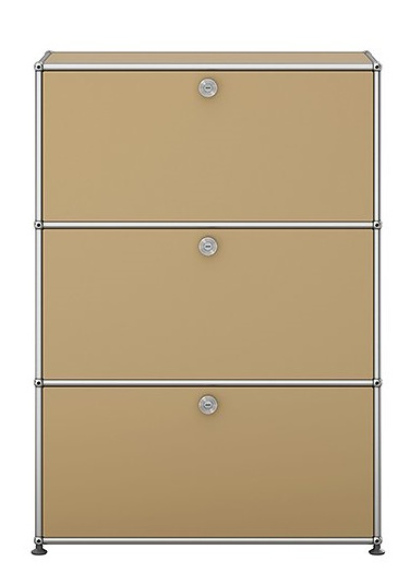 USM Haller Highboard in Beige mit drei Klappen, modernes Designmöbel für stilvolle Wohnräume.