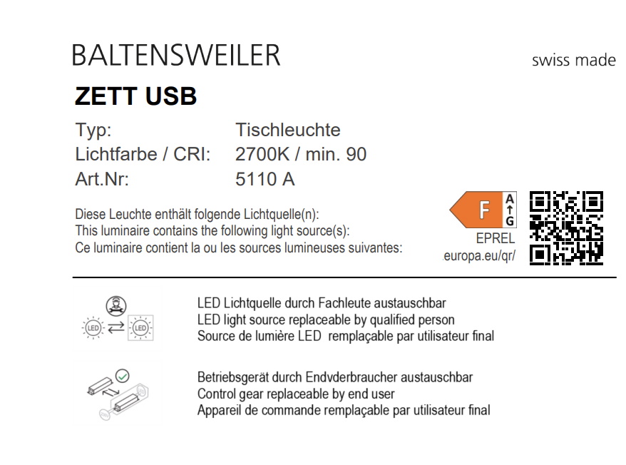 ZETT USB Applique / Lampe de Table Baltensweiler