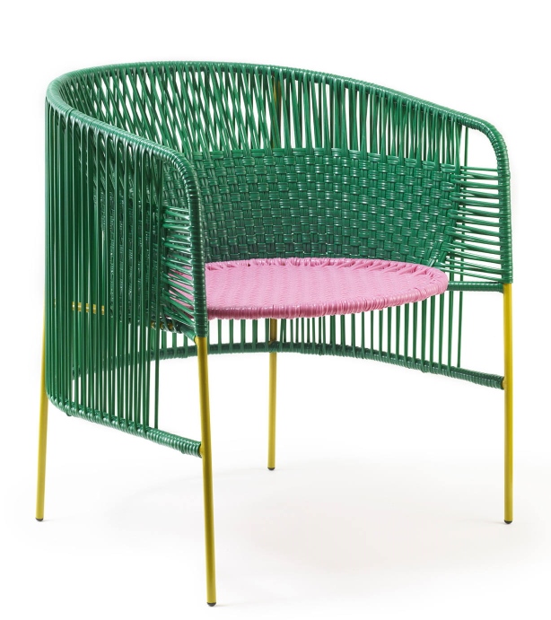 Caribe Lounge Chair Fauteuil d'extérieur ames Vert émeraude / Rose chewing-gum / Jaune curry