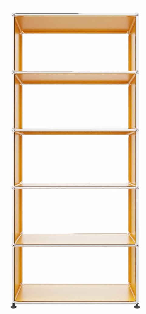 Goldgelbes USM Haller Regal mit fünf Fächern und verchromten Stahlrohr-Verbindungen für modernes Wohnen.