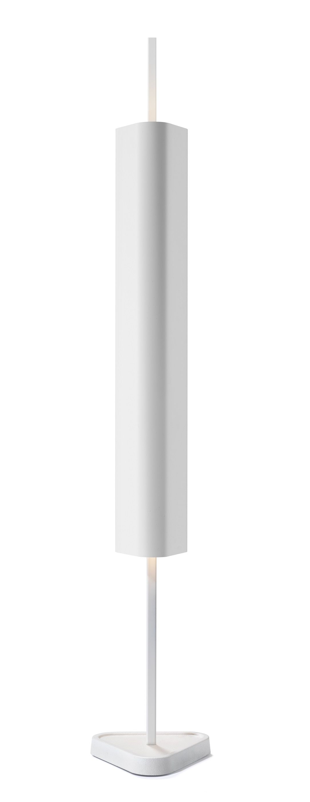 Weiße Emi Table Tischleuchte von Flos: Moderne Tischlampe mit minimalistischem Design und dreieckigem Fuß.
